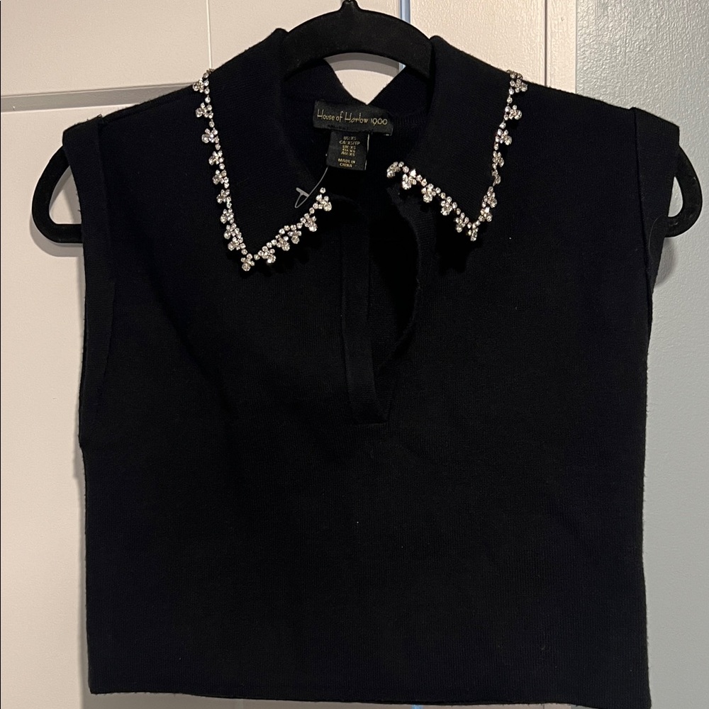 House of Harlow 1960 Black Sleeveless Tank with Crystal-Embellished Collar